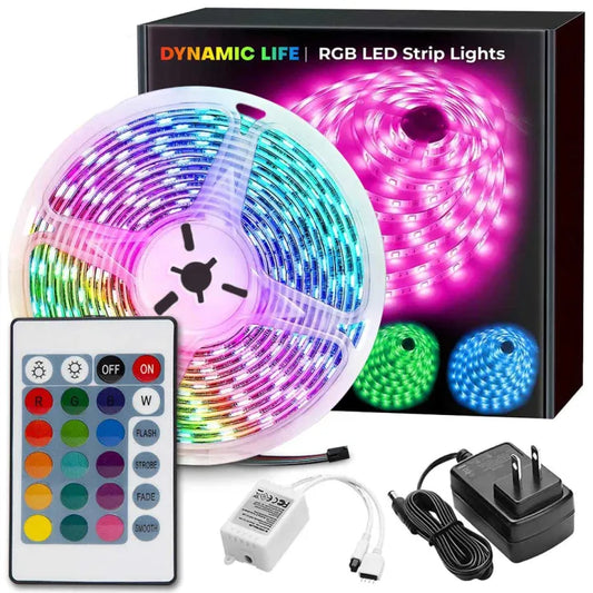 Dynamic Life RGB LED Strip Lights 15 Feet Self-Adhesive Waterproof Color Changing Remote Control Complete kit with 12V Adapter 2835. RGB Lights Strip for PC Gaming, Bedroom, Kitchen, and Home Decoration