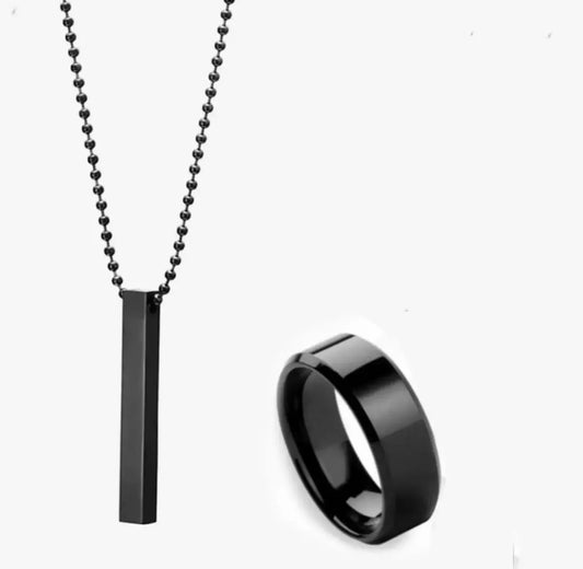 Pack of 2 Black Titanium Finger Ring & Black Bar Chain For Man Woman